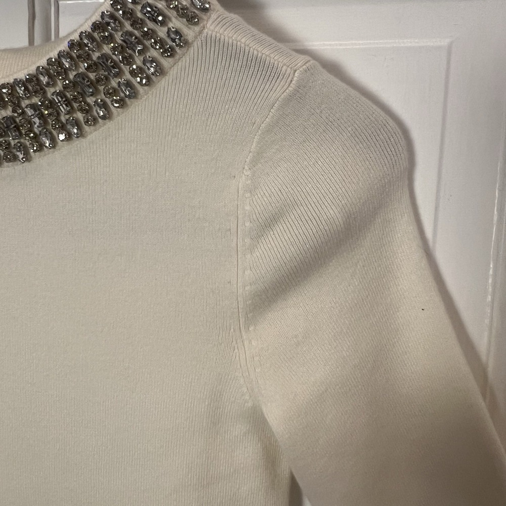 Talbots Jeweled Neckline Short Sleeve Knit Top Rhinestone Glitter Sweater‎ Cream - Picture 6 of 9